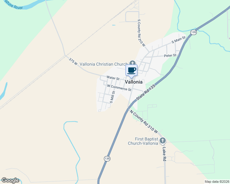 map of restaurants, bars, coffee shops, grocery stores, and more near 3337 West Commerce Street in Vallonia