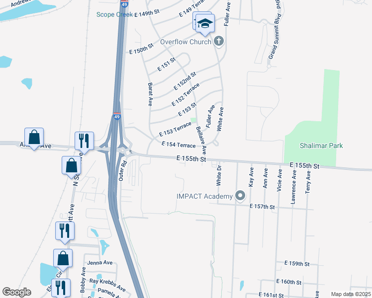 map of restaurants, bars, coffee shops, grocery stores, and more near 6203 East 154 Terrace in Grandview