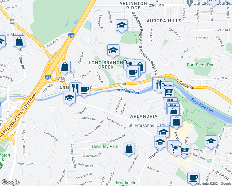 map of restaurants, bars, coffee shops, grocery stores, and more near 3858 Florence Drive in Alexandria