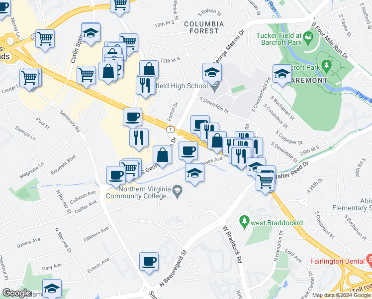 map of restaurants, bars, coffee shops, grocery stores, and more near 3701 South George Mason Drive in Falls Church