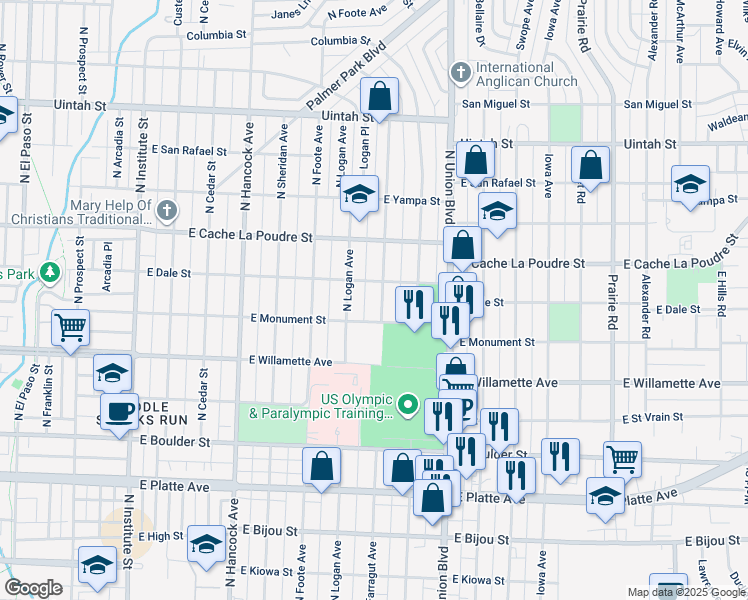 map of restaurants, bars, coffee shops, grocery stores, and more near 726 Farragut Avenue in Colorado Springs