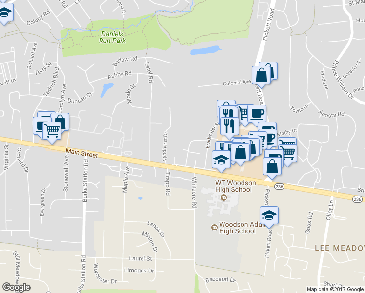 map of restaurants, bars, coffee shops, grocery stores, and more near 3963 Wilcoxson Drive in Fairfax