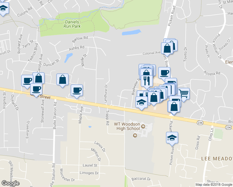 map of restaurants, bars, coffee shops, grocery stores, and more near 3965 Wilcoxson Drive in Fairfax