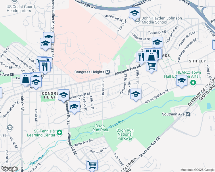 map of restaurants, bars, coffee shops, grocery stores, and more near 1300 Savannah Street Southeast in Washington