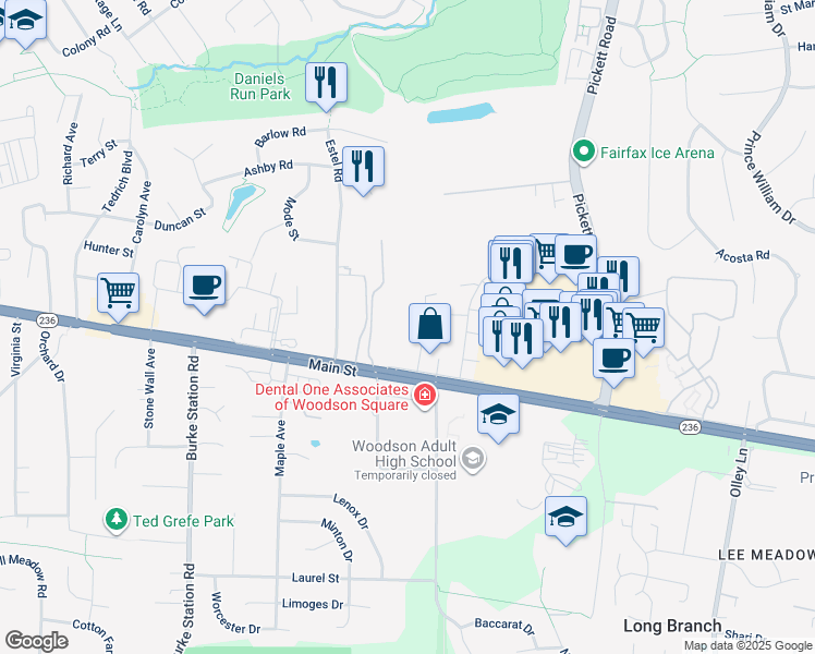 map of restaurants, bars, coffee shops, grocery stores, and more near 3965 Wilcoxson Drive in Fairfax