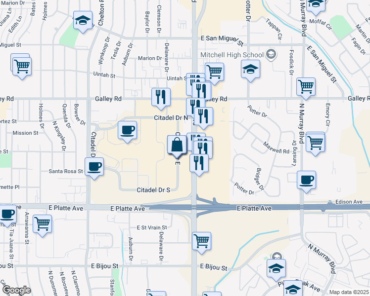 map of restaurants, bars, coffee shops, grocery stores, and more near 750 Citadel Drive East in Colorado Springs
