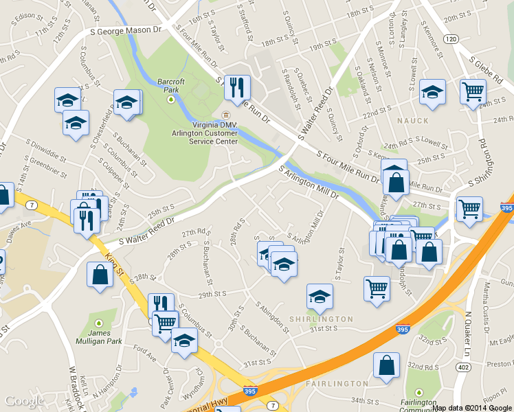 map of restaurants, bars, coffee shops, grocery stores, and more near 28th Rd S & S Wakefield St in Arlington