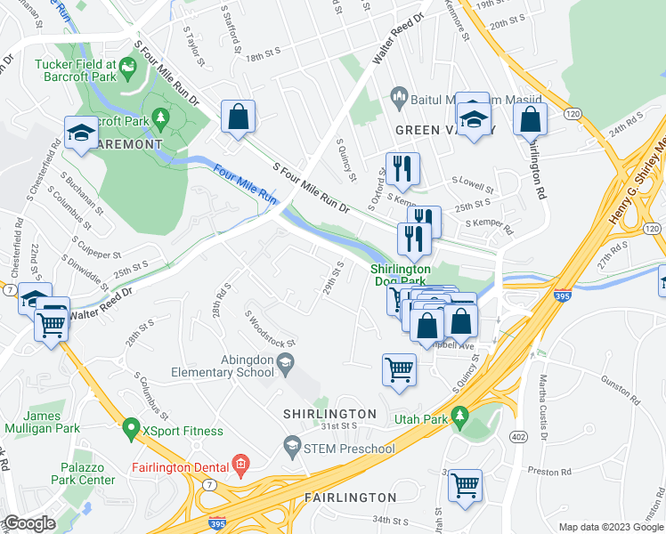 map of restaurants, bars, coffee shops, grocery stores, and more near 2614 South Arlington Mill Drive in Arlington
