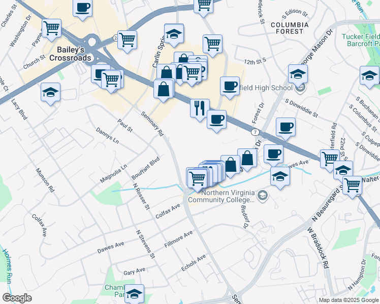 map of restaurants, bars, coffee shops, grocery stores, and more near 5565 Seminary Road in Falls Church