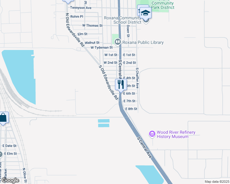 map of restaurants, bars, coffee shops, grocery stores, and more near 114 West 6th Street in Roxana
