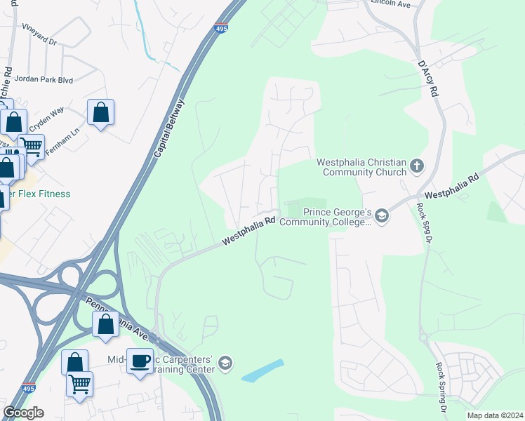 map of restaurants, bars, coffee shops, grocery stores, and more near 3325 Chester Grove Road in Upper Marlboro