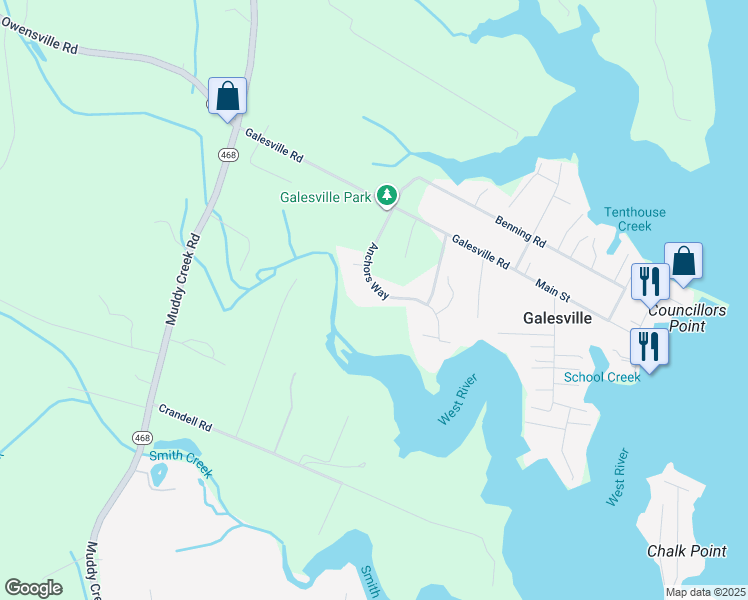 map of restaurants, bars, coffee shops, grocery stores, and more near 4873 Anchors Way in Galesville