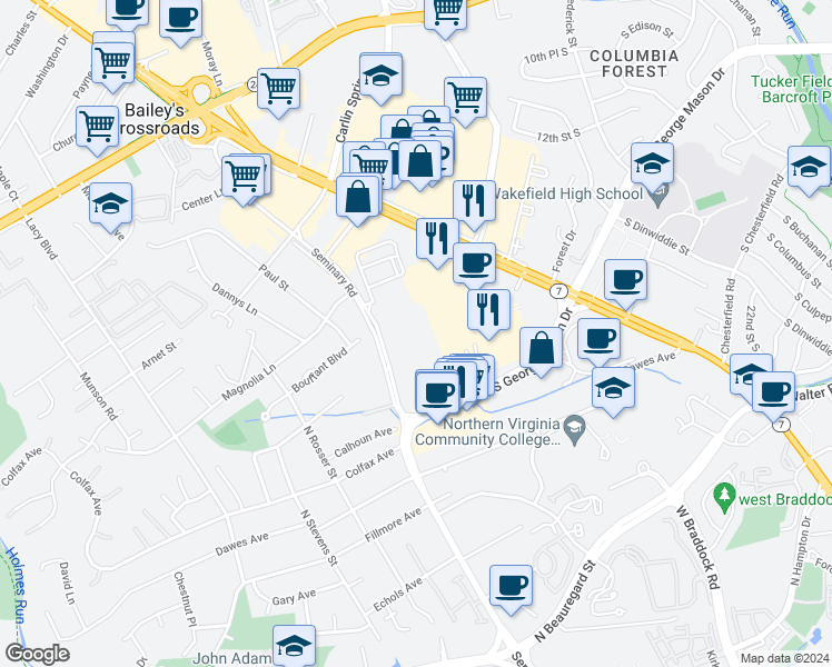 map of restaurants, bars, coffee shops, grocery stores, and more near 5565 Seminary Road in Falls Church