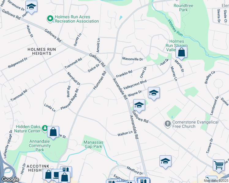 map of restaurants, bars, coffee shops, grocery stores, and more near 3713 Krysia Court in Annandale
