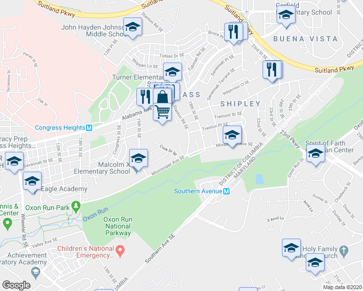 map of restaurants, bars, coffee shops, grocery stores, and more near 3525 Stanton Road Southeast in Washington