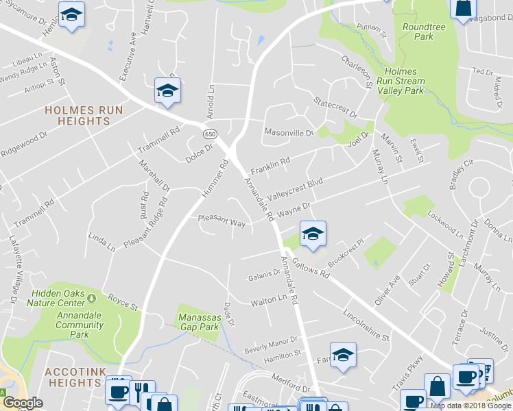 map of restaurants, bars, coffee shops, grocery stores, and more near 3630 Annandale Road in Annandale