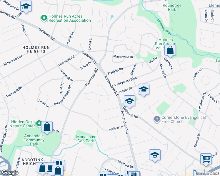 map of restaurants, bars, coffee shops, grocery stores, and more near 3630 Annandale Road in Annandale