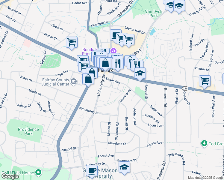 map of restaurants, bars, coffee shops, grocery stores, and more near 10420 Breckinridge Lane in Fairfax