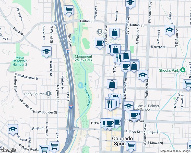 map of restaurants, bars, coffee shops, grocery stores, and more near 10 West Monument Street in Colorado Springs