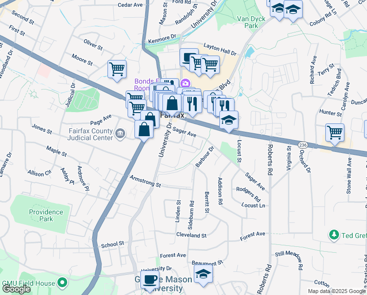 map of restaurants, bars, coffee shops, grocery stores, and more near 10420 Breckinridge Lane in Fairfax
