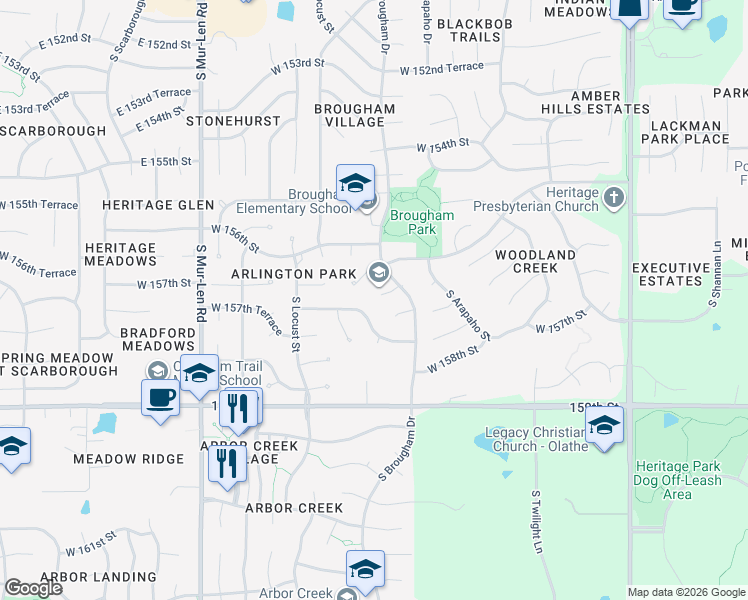 map of restaurants, bars, coffee shops, grocery stores, and more near 16155 West 156th Place in Olathe