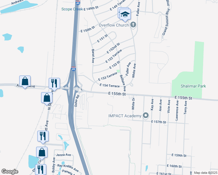 map of restaurants, bars, coffee shops, grocery stores, and more near 6203 East 154 Terrace in Grandview