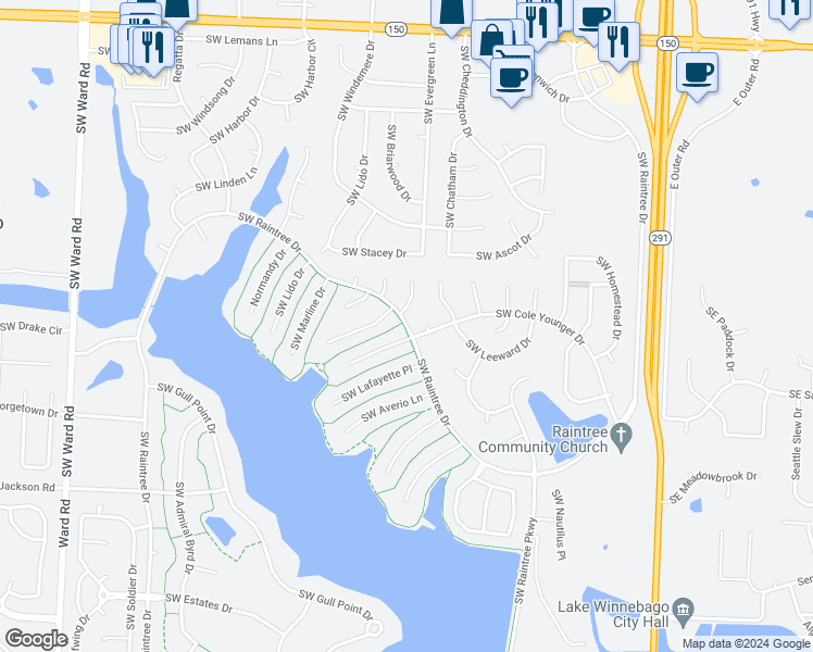 map of restaurants, bars, coffee shops, grocery stores, and more near 453 Southwest Raintree Drive in Lee's Summit
