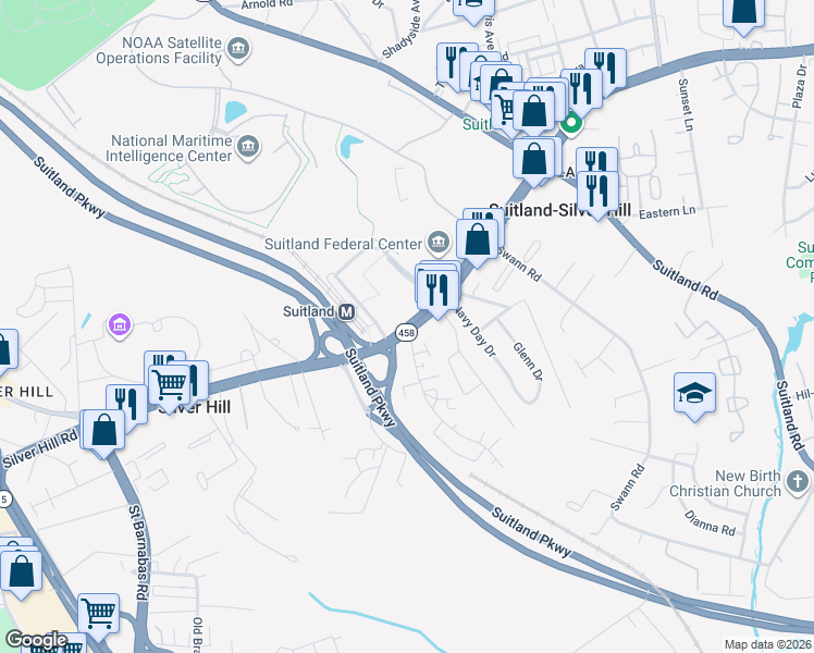 map of restaurants, bars, coffee shops, grocery stores, and more near 4510 Silver Hill Road in Hillcrest Heights