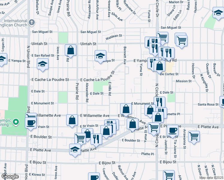 map of restaurants, bars, coffee shops, grocery stores, and more near 2501 Jobar Court in Colorado Springs