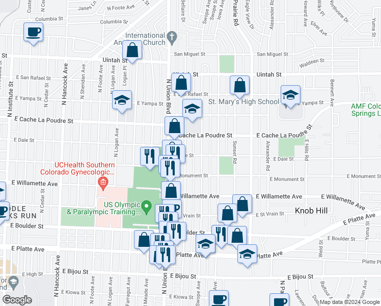map of restaurants, bars, coffee shops, grocery stores, and more near 802 Bonfoy Avenue in Colorado Springs