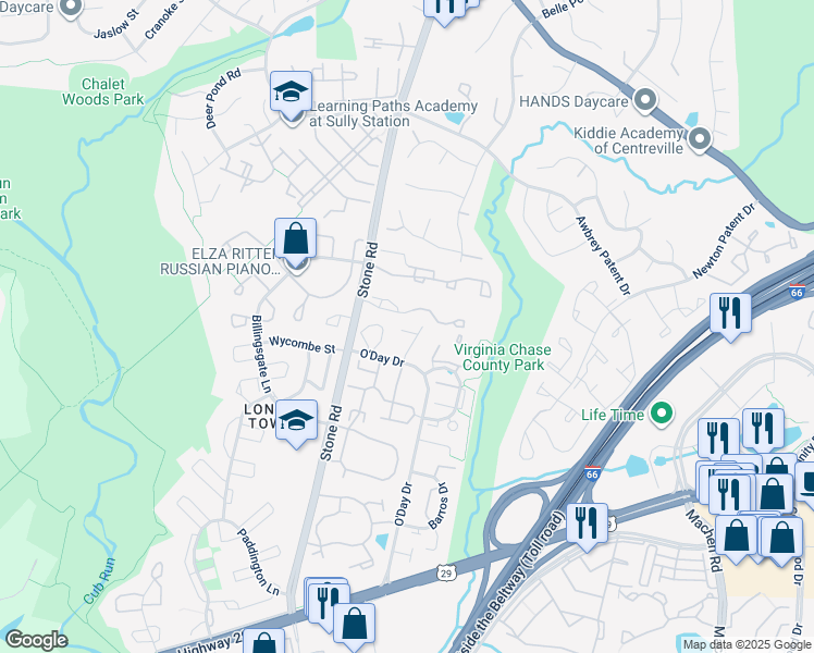 map of restaurants, bars, coffee shops, grocery stores, and more near 5903 Rinard Drive in Centreville
