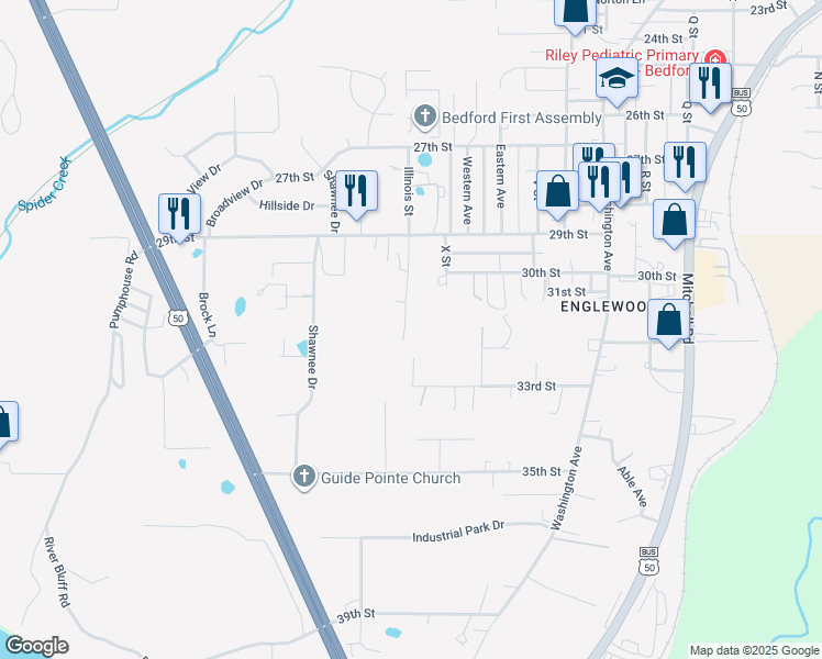 map of restaurants, bars, coffee shops, grocery stores, and more near 3111 Illinois Street in Bedford