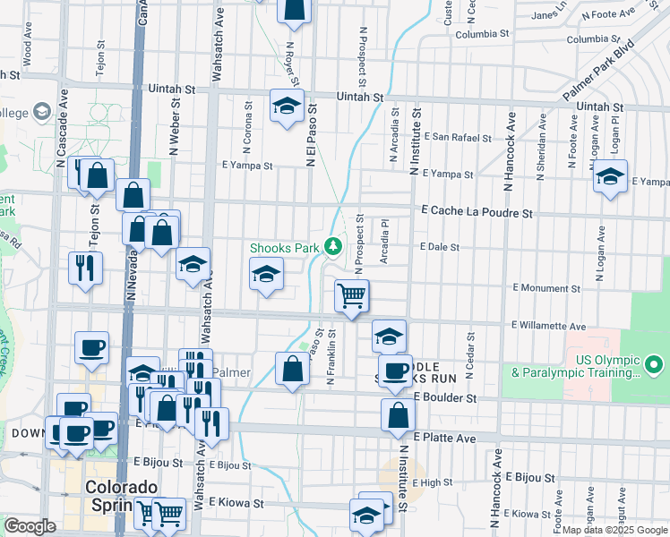 map of restaurants, bars, coffee shops, grocery stores, and more near 647 North Franklin Street in Colorado Springs