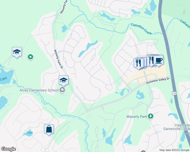 map of restaurants, bars, coffee shops, grocery stores, and more near 15428 Championship Drive in Haymarket