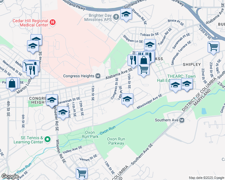 map of restaurants, bars, coffee shops, grocery stores, and more near 1369 Savannah Street Southeast in Washington
