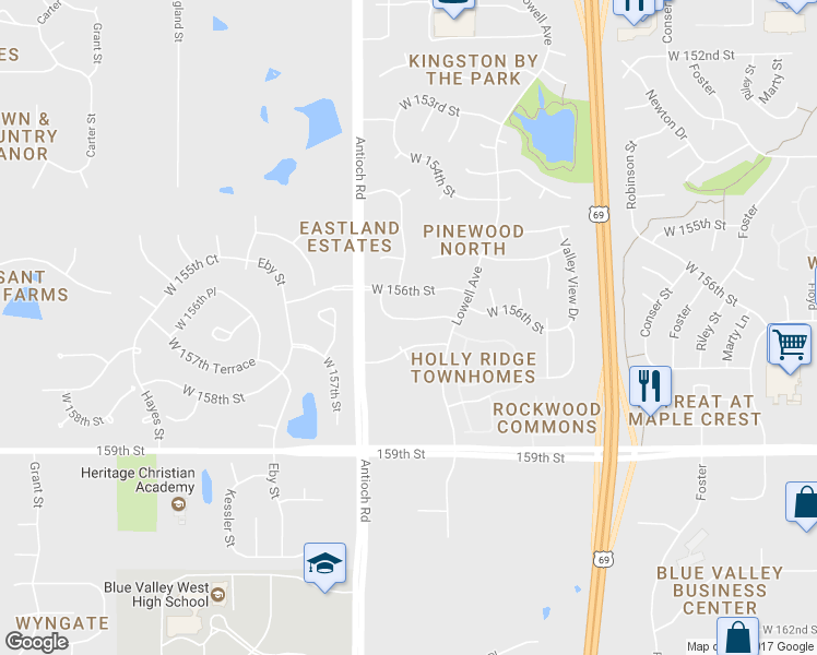 map of restaurants, bars, coffee shops, grocery stores, and more near 8427 West 156th Terrace in Overland Park