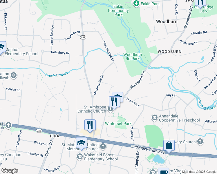 map of restaurants, bars, coffee shops, grocery stores, and more near 3700 Prosperity Ridge Court in Fairfax