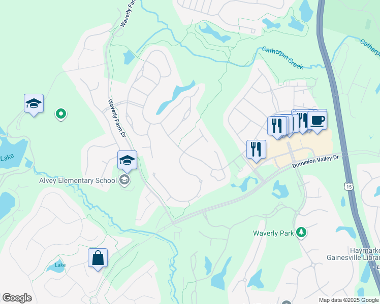 map of restaurants, bars, coffee shops, grocery stores, and more near 15428 Championship Drive in Haymarket