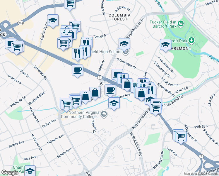 map of restaurants, bars, coffee shops, grocery stores, and more near 3701 South George Mason Drive in Falls Church