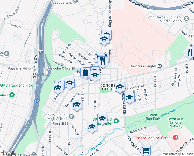 map of restaurants, bars, coffee shops, grocery stores, and more near 3100 Martin Luther King Junior Avenue Southeast in Washington