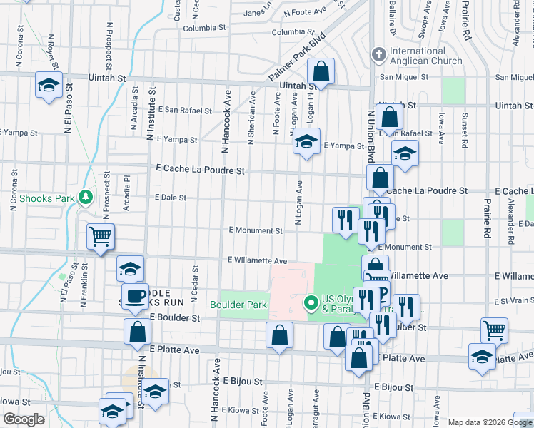 map of restaurants, bars, coffee shops, grocery stores, and more near 724 North Foote Avenue in Colorado Springs