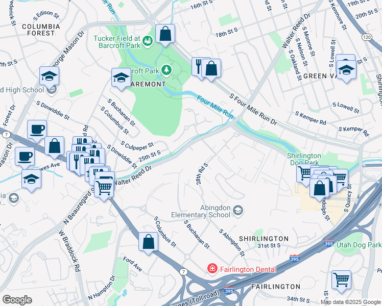 map of restaurants, bars, coffee shops, grocery stores, and more near 2513 South Walter Reed Drive in Arlington