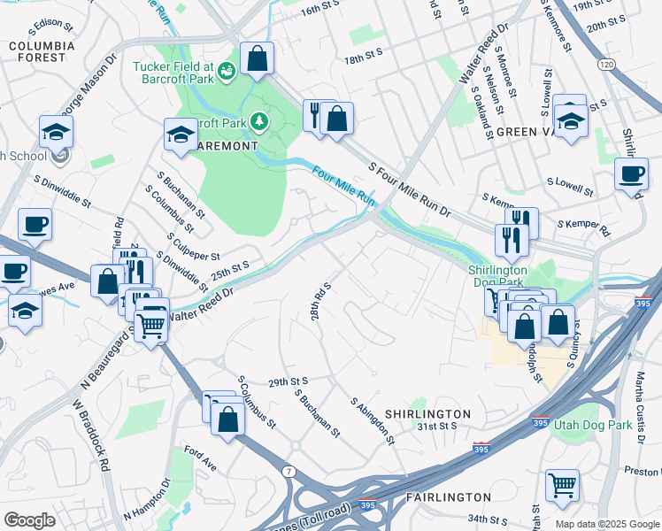 map of restaurants, bars, coffee shops, grocery stores, and more near 2814 South Wakefield Street in Arlington