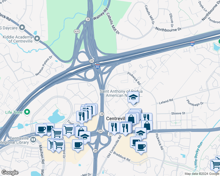 map of restaurants, bars, coffee shops, grocery stores, and more near 5604 Willoughby Newton Drive in Centreville