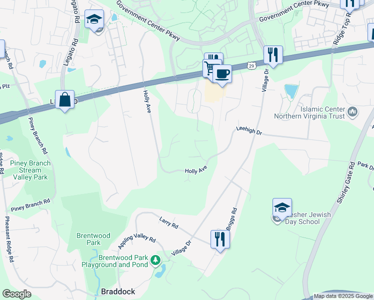 map of restaurants, bars, coffee shops, grocery stores, and more near 4708 Leehigh Court in Fairfax