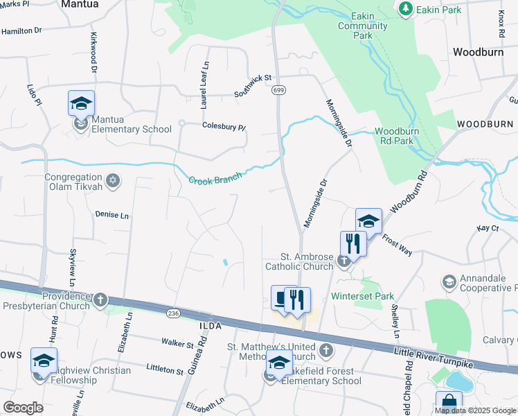 map of restaurants, bars, coffee shops, grocery stores, and more near 8731 Glenbrook Place in Fairfax