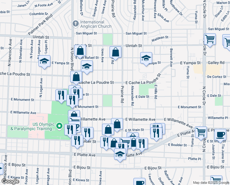 map of restaurants, bars, coffee shops, grocery stores, and more near 2202 East Dale Street in Colorado Springs