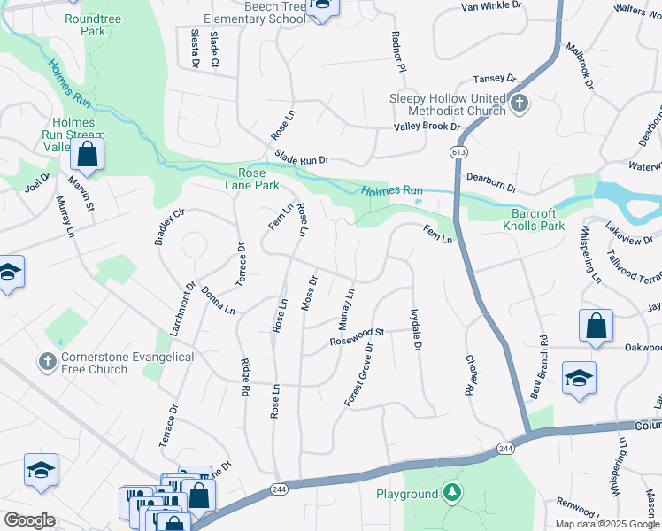 map of restaurants, bars, coffee shops, grocery stores, and more near 6804 Fern Lane in Annandale