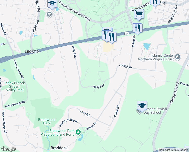 map of restaurants, bars, coffee shops, grocery stores, and more near 4708 Leehigh Court in Fairfax