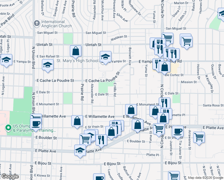 map of restaurants, bars, coffee shops, grocery stores, and more near 2501 Jobar Court in Colorado Springs